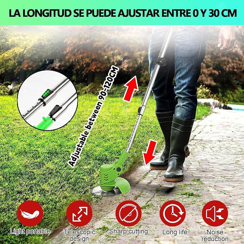 Desbrozadora Batería, Desbrozadora Electrica con Cuchilla, Cortabordes Bateria con 2 Baterías de Iitio de 21V, Longitud Ajustable, Adecuado para Céspedes Y Jardines Pequeños Y Medianos, Cortadora