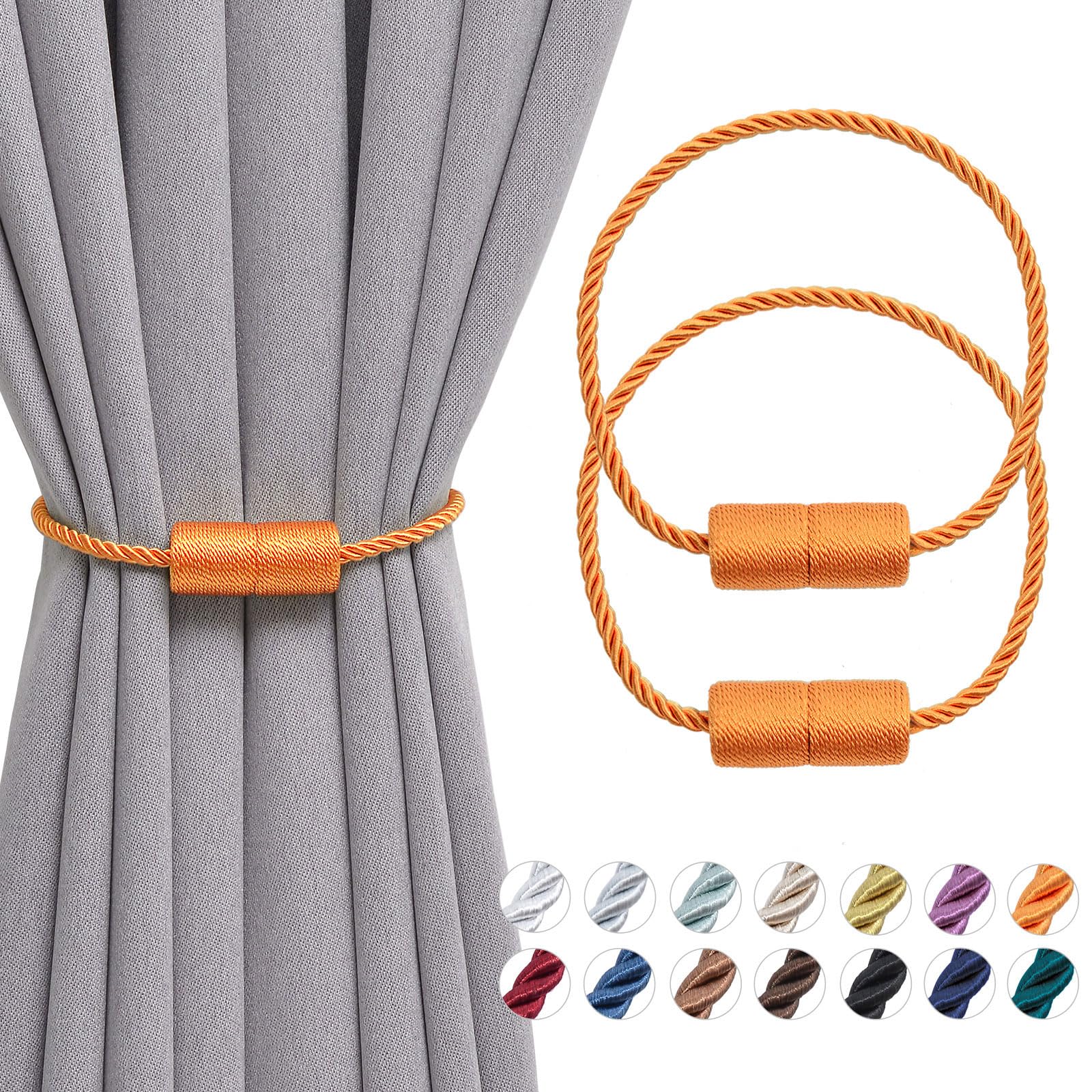 Pretty Jolly 2 Pack Magnetic Curtain Tiebacks 16 Inch Handmade Weave Side Rope Curtain Holdbacks Convenient Decorative Cylinder Curtain Drape Tie Backs for Home & Office Window Drapery (Orange)