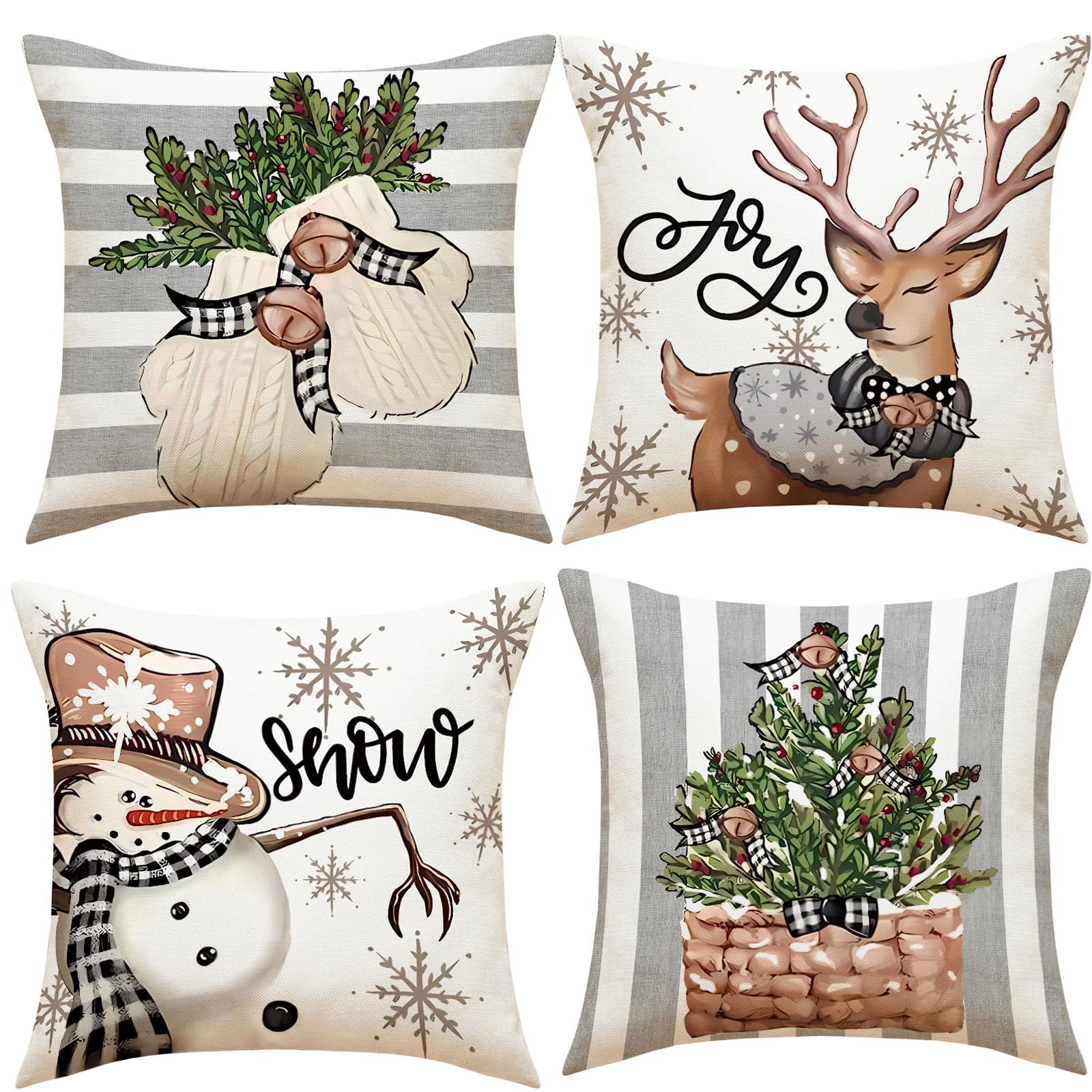 CoFlink Christmas Cushion Covers - 45 x 45 max Decorative Pillow Case Set of 4 Retro Vintage Decor Throw Pillow Covers for Home Indoor Sofa Christmas Decor