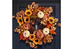 Pudate Artificial Fall Autumn Wreath 22 in with Sunflower,Peony,Pumpkin, Eucalyptus Leaf for Front Door Thanksgiving Wreaths Wall Window Harvest Festival Celebration