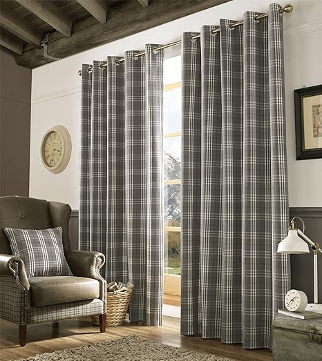 Homescapes Grey And Cream Tartan Check Plaid Eyelet Curtain Pair