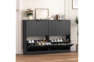 HUANLEGO Shoe Cabinet Storage for Entryway with 4 Flip Drawers, Black Fluted Shoe Cabinet with Adjustable Shelves, Wooden Hidden Shoe Rack Freestanding Narrow Slim Shoes Storage for Hallway, Entrance