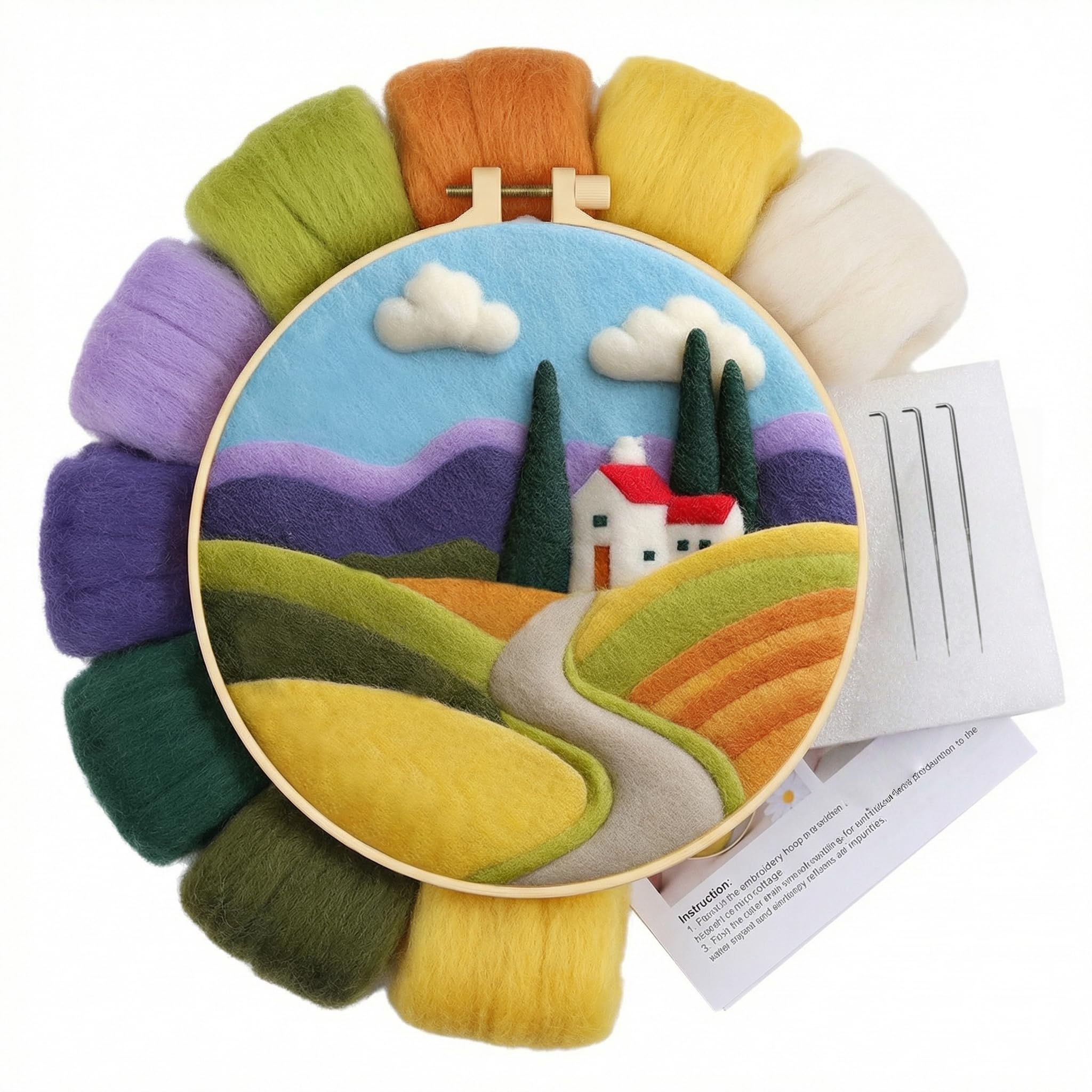 Mtbricey DIY Needle Felting Kit for Beginners Adults Wool Felt Supplies with Instructions Embroidery Hoops Felting Needles Wool for Home Decoration Make Gifts (Field)