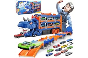 BYFWH Dinosaur Race Track Toys for Kids 3-12, Transport Truck Toy with 12 Race Cars, Transforming Dino Truck Set with 61.8 inch Dual-Way Foldable Tracks, Toddler Gift Toys for Boys & Girls