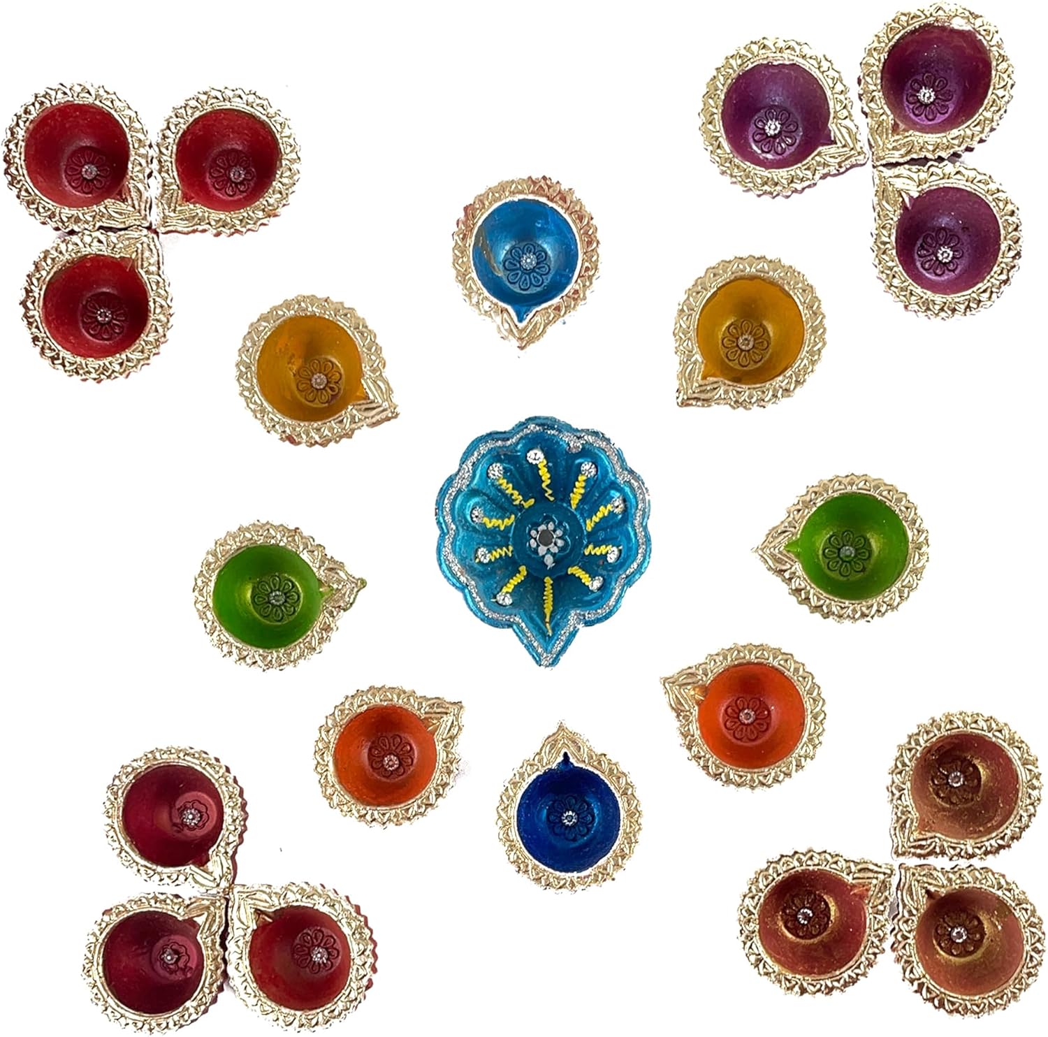 Oil Lamps & Accessories - KSJONE Diwali Decoration Handmade Colorful Earthen Clay Handpainted Diyas for Diwali Pooja Festival Decoration Lights for Diwali Home Indoor Outdoor Decor with Cotton Wicks (Set of 21)