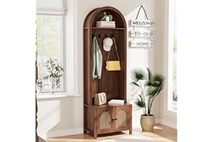 MXTXMY Hall Tree with Bench and Shoe Storage, Entryway Storage Bench with Coat Rack, 70.9"Arch Coat Rack with 4 Hooks and 2 Fluted Doors, Farmhouse Style Furniture Organizer for Hallway (Walnut, 23.7"W)