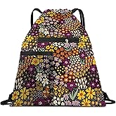 AYBELWG Drawstring Backpack Sports Gym Bag, Large String Swim Bag for Beach With Water Bottle Mesh Pocket, Cute Gym Sack with Zipper Pocket for Men Women Luxuious Floral