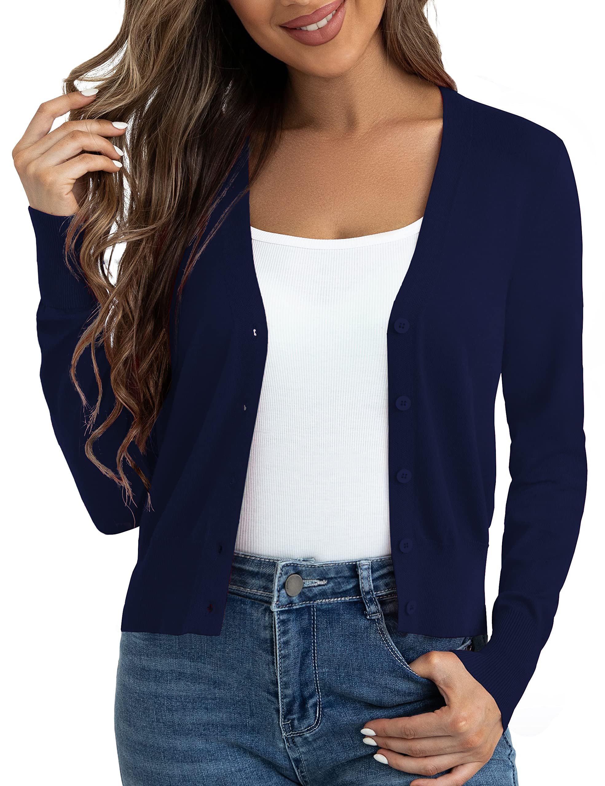 Photo 1 of (MEDIUM) Women's Long Sleeve Open Front Cropped Cardigans Sweater for Women, Navy Blue, Medium