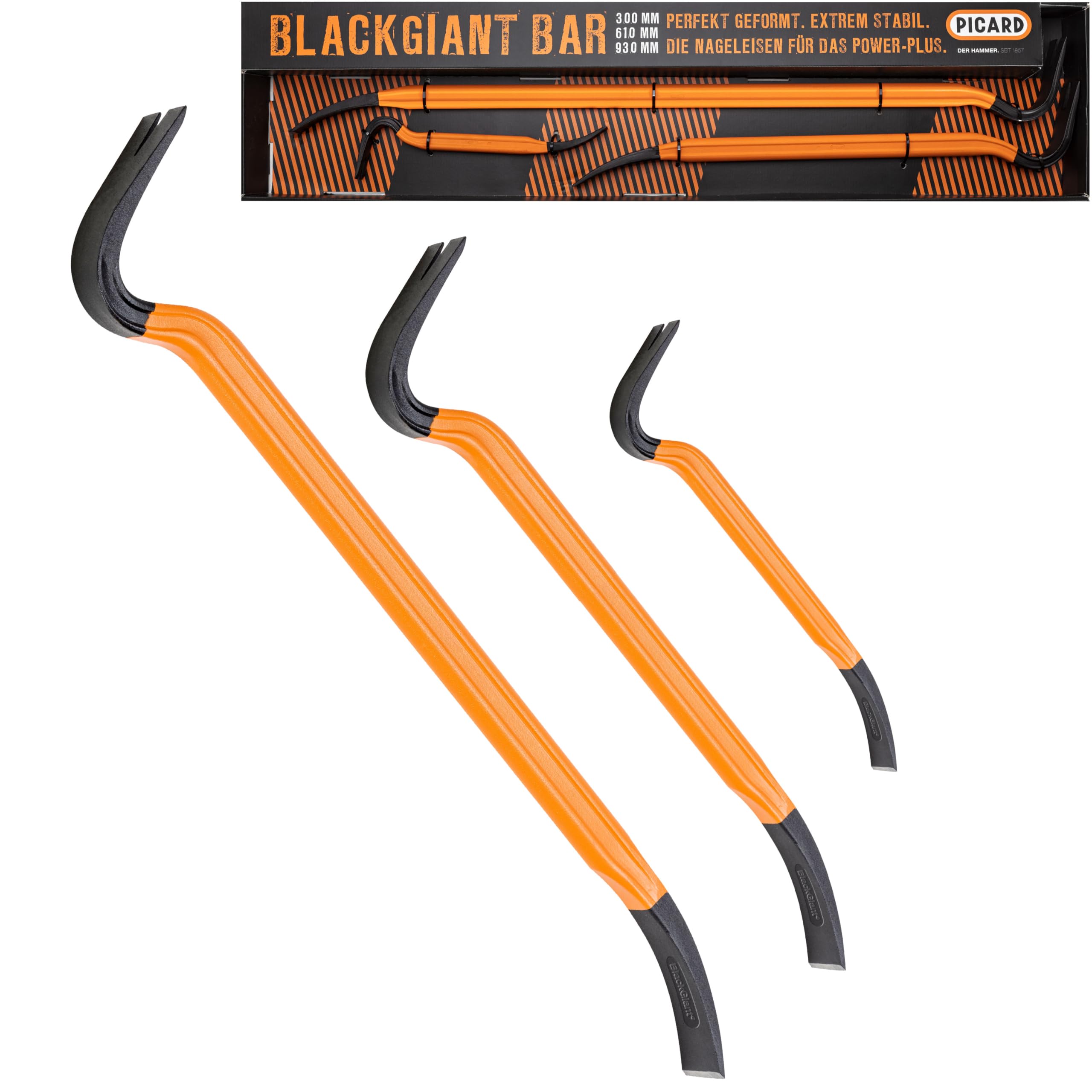 PICARD Nageleisen BlackGiant® Bar Nr. 46Z | Robust & Langlebig | 90° Maximaler Hebel | Rutschfest | 3er-Set (300/610/930 mm) | Ideal für Bauprofis & Handwerker
