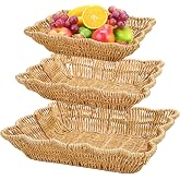 Jucoan 3 Pack Poly Wicker Bread Baskets, Imitation Rattan Fruit Baskets, Rectangular Tabletop Woven Serving Baskets Trays for Fruits Vegetables and Snacks, Restaurant Hotel Kitchen