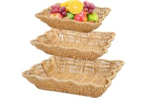 Jucoan 3 Pack Poly Wicker Bread Baskets, Imitation Rattan Fruit Baskets, Rectangular Tabletop Woven Serving Baskets Trays for