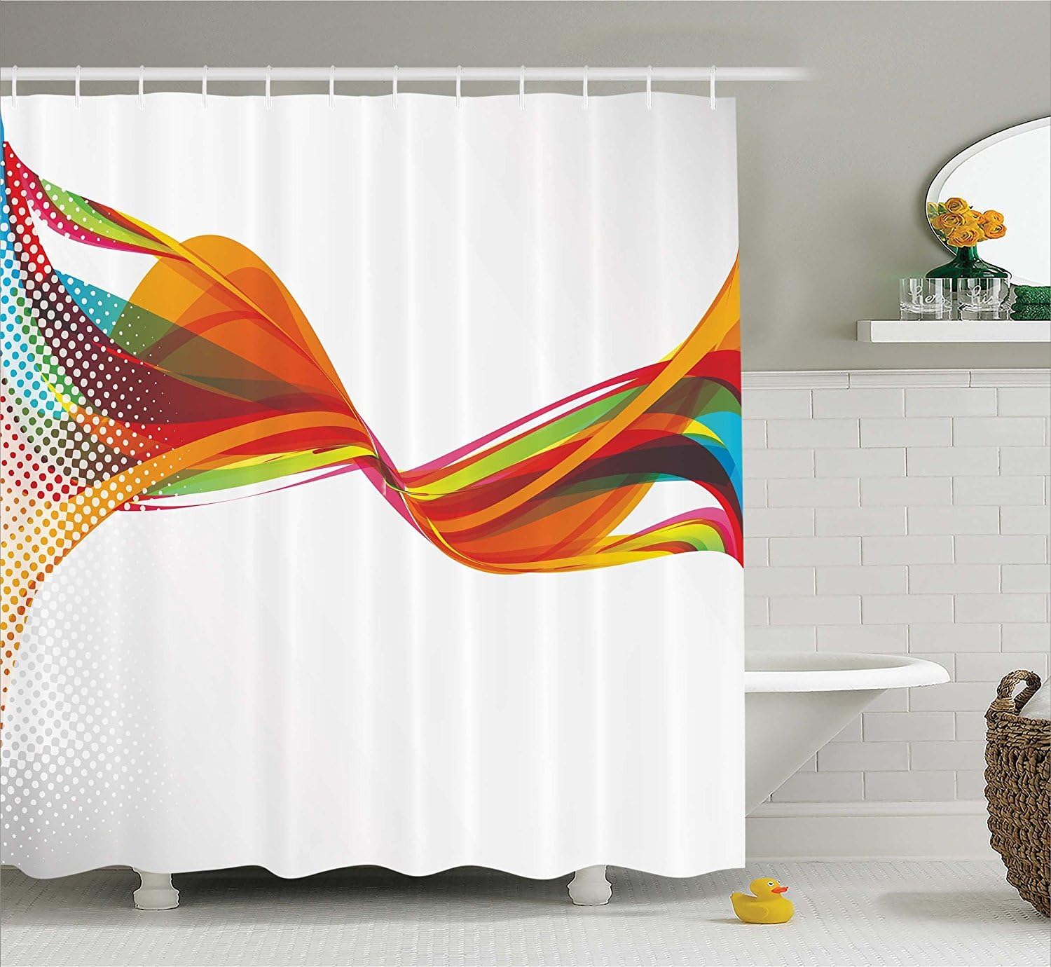 Abstract Shower Curtain by Ctco, Rainbow Curved Wave Smoke like Image with Pixel Style Detailed Work of Art Print, Fabric Bathroom Decor Set with Hooks, Multicolor
