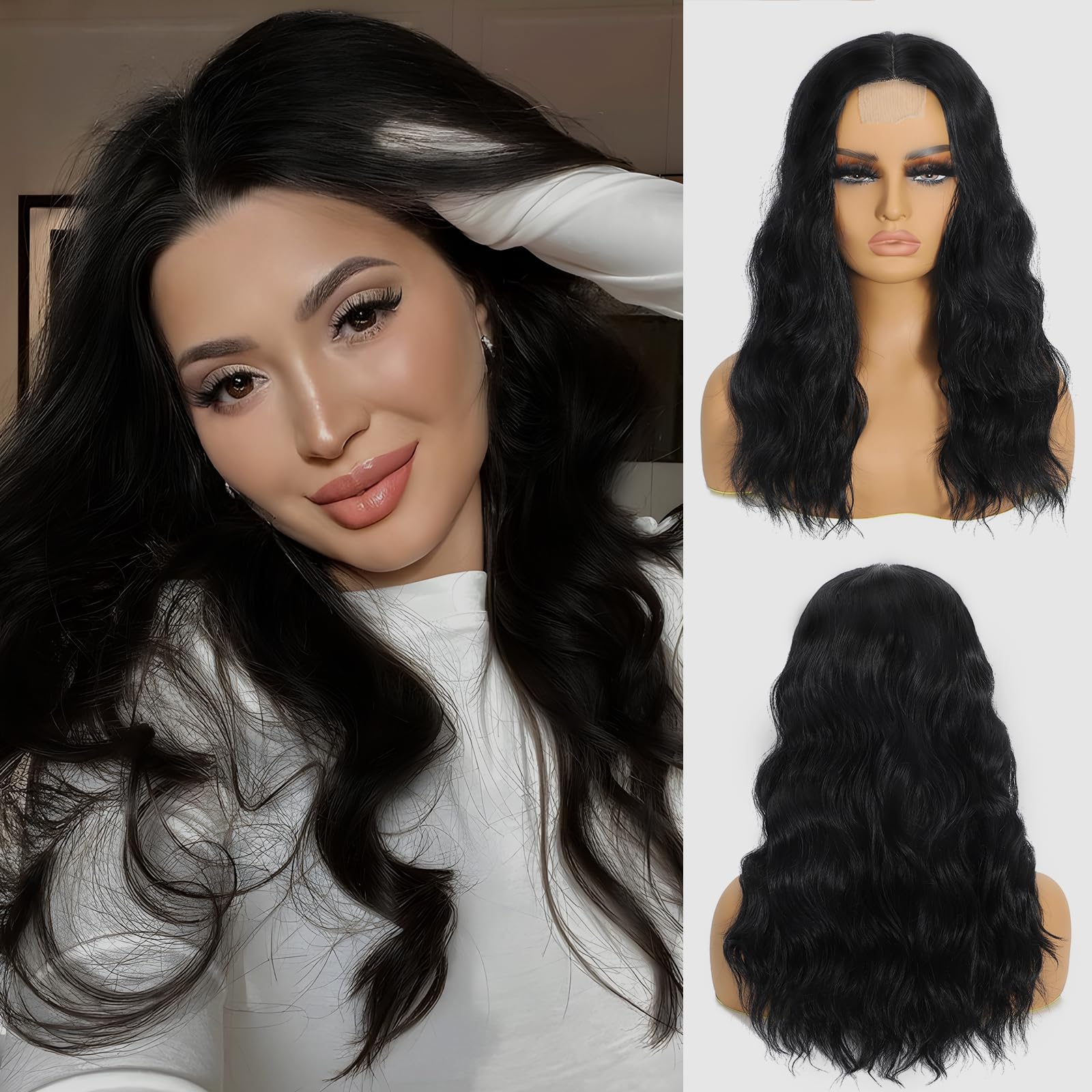 Photo 1 of 18 Inch Long Black Wig for Women | Middle Part Culy Wavy Wig | Heat Resistant & Natural Looking | Lightweight Synthetic Hair for Daily Use, Halloween, Cosplay