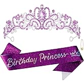 Atoden Birthday Crown and Sash Set - Purple Princess Tiara with Crystal Rhinestones for Girls and Women - Queen Crowns, Happy Birthday Decorations, Cosplay Gifts