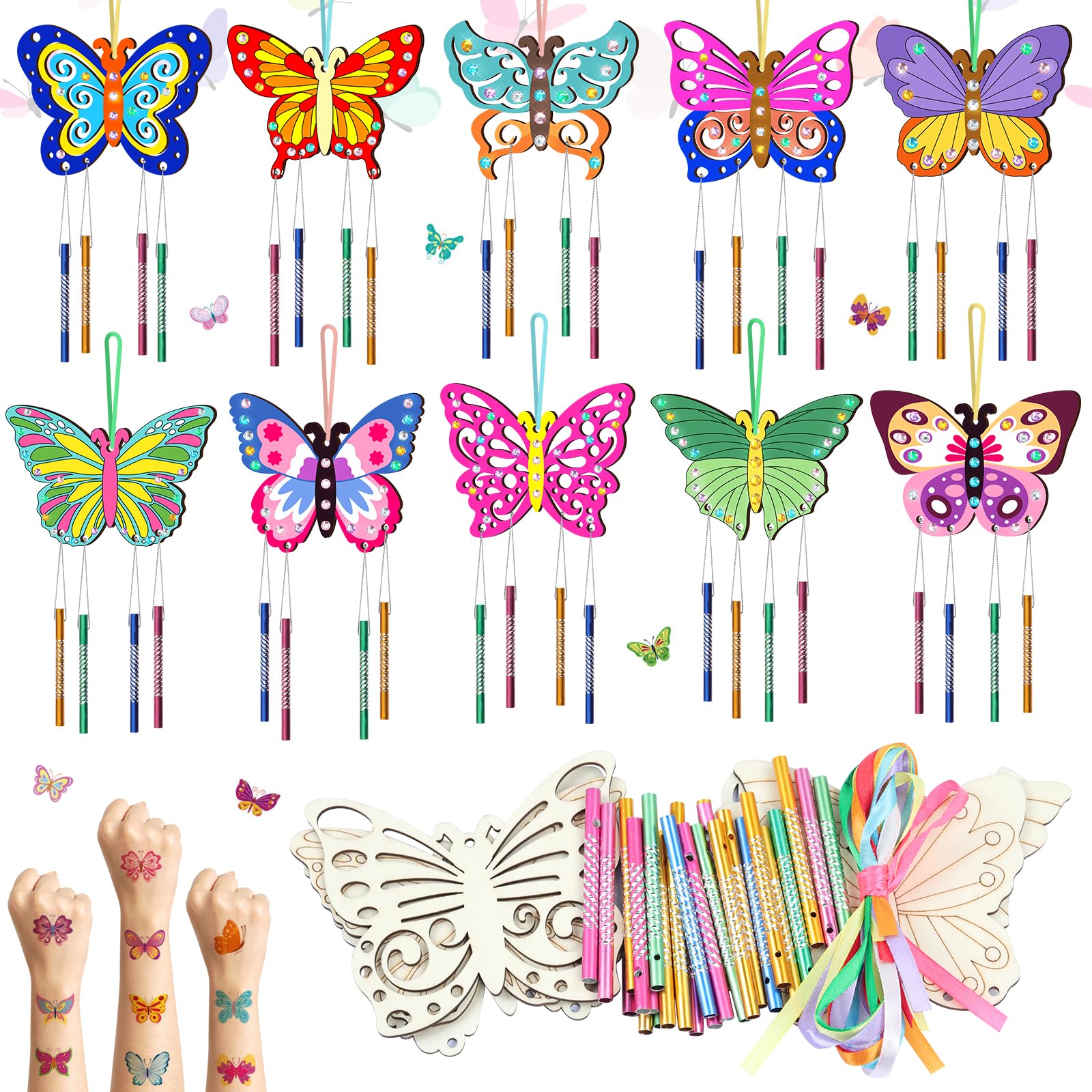 Nourdom 10 Pack Butterfly Wind Chime Kit for Kids Make Your Own Butterfly Wind Chime Wooden Crafts DIY Make a Wind Chime Kit DIY Coloring Butterfly Ornaments for Girls Boys