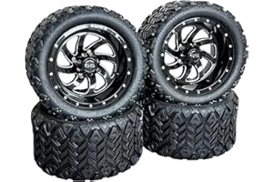 HUSKEY PARTS COMPANY 12 Inch Glossy Black Phantom Golf Cart Wheels & Tires Set of 4, 20x10-12 All Terrain Tires, DOT Certified Golf Cart Wheels Compatible with EZGO, Club Car, YMH