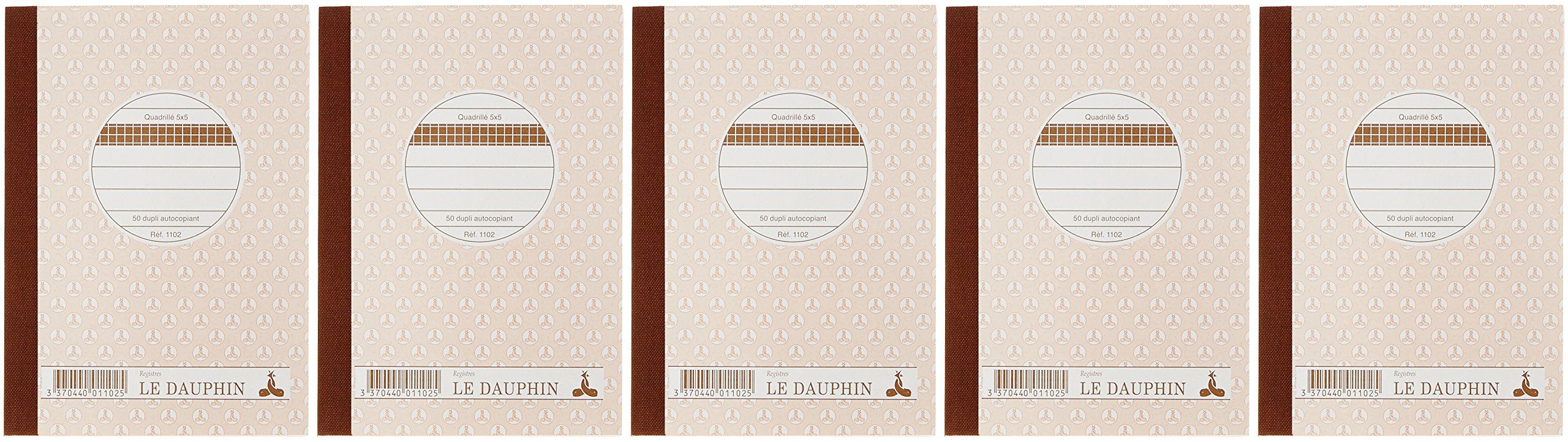 Le Dauphin - Ref. 1102D - Lot of 5 Manifolds - Carbonless Paper - 5x5 Grid - Small Squares - Duplicate - 50 Sheets - Format 14.8 x 10.5 cm - Varnished Cover