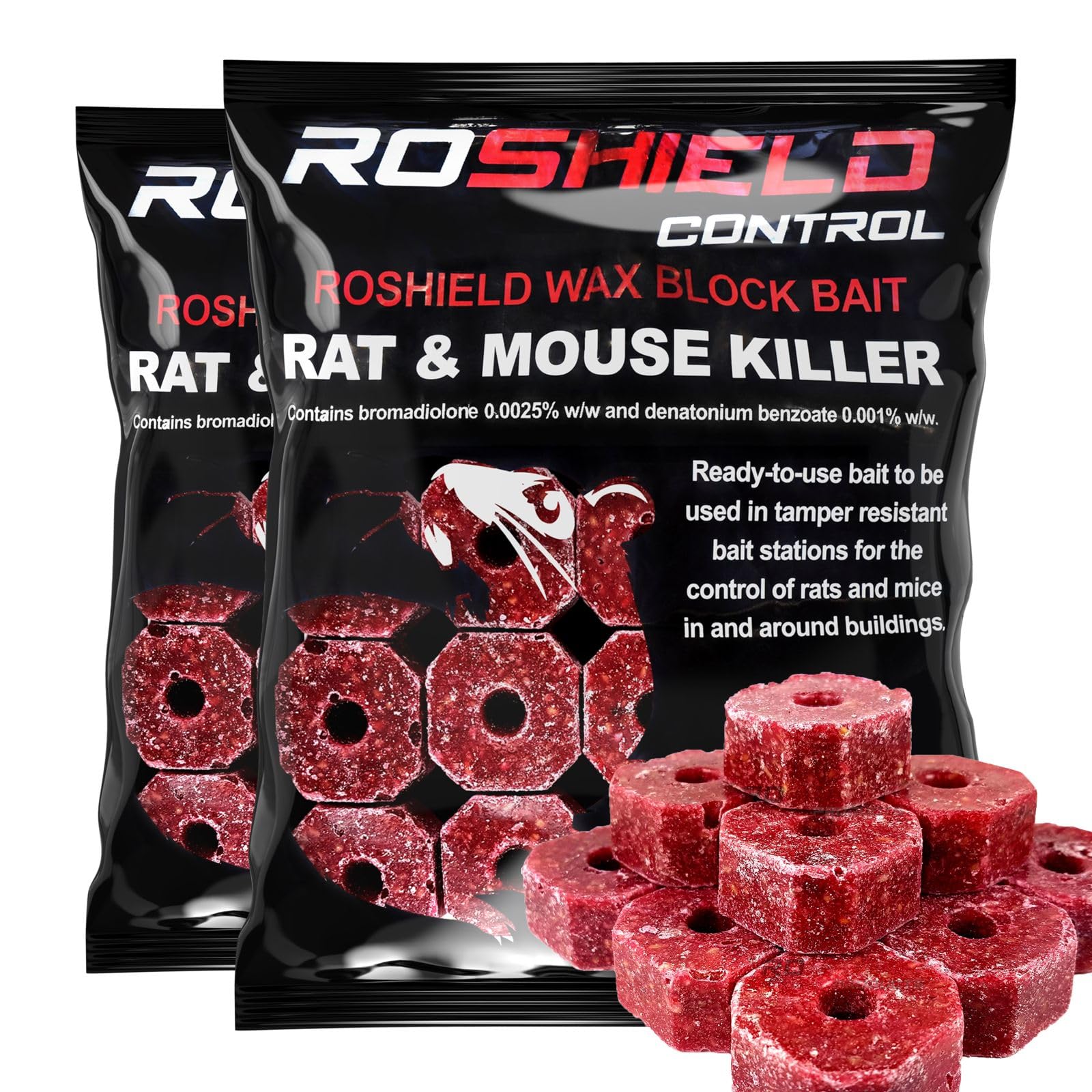 Roshield 600g Wax Block Bait for Rat & Mouse Killer Poison Control - Indoor, Outdoor All-Weather Rodent Bait Station Refill Packs (300g x 2 Packs)