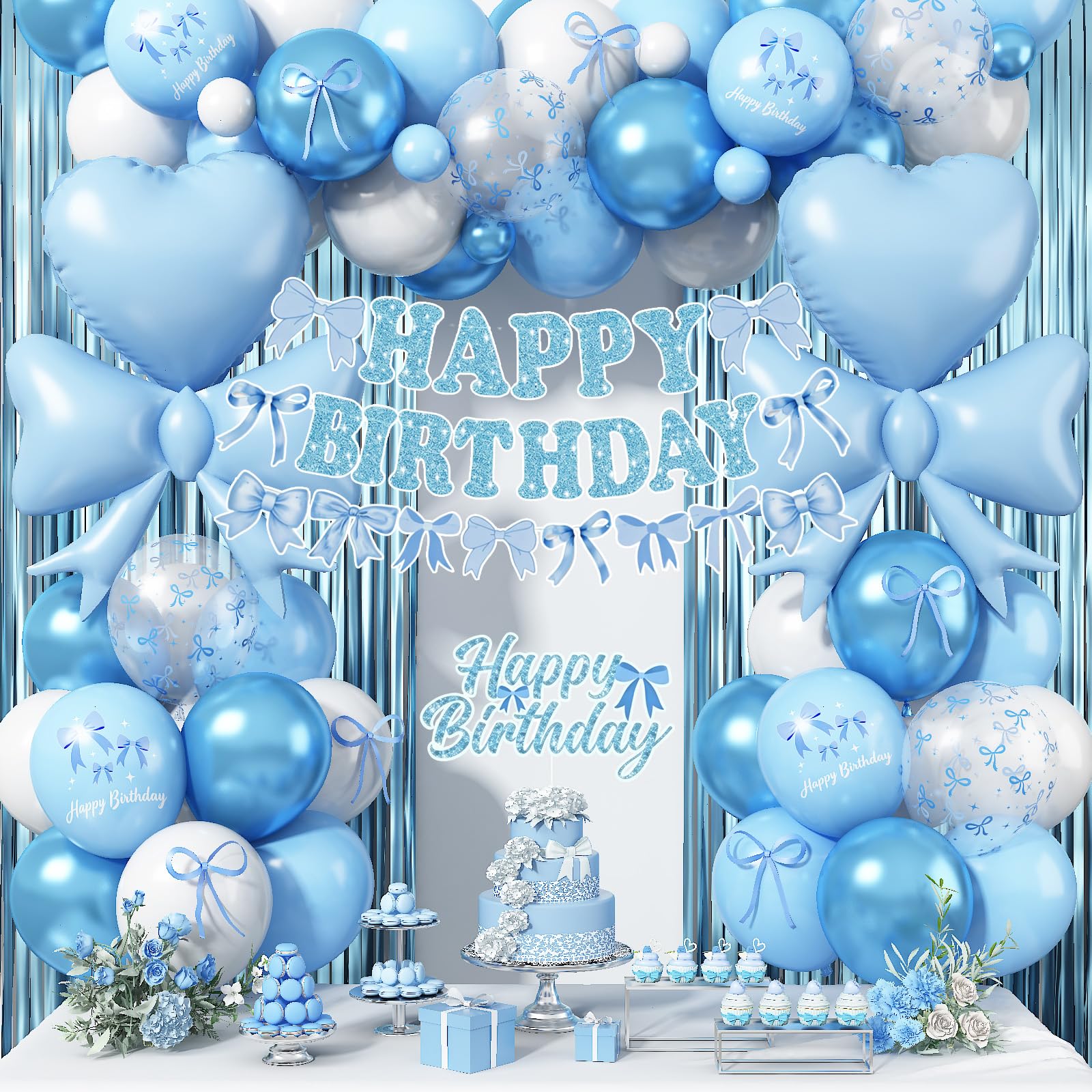 Blue Bow Birthday Party Decorations, Coquette Baby Blue White Bows Balloons with Mini Bows Decor Happy Birthday Banner Fringe Curtain for Women Girls Bows Bachelorette Baby Shower Party Decoration — image 1