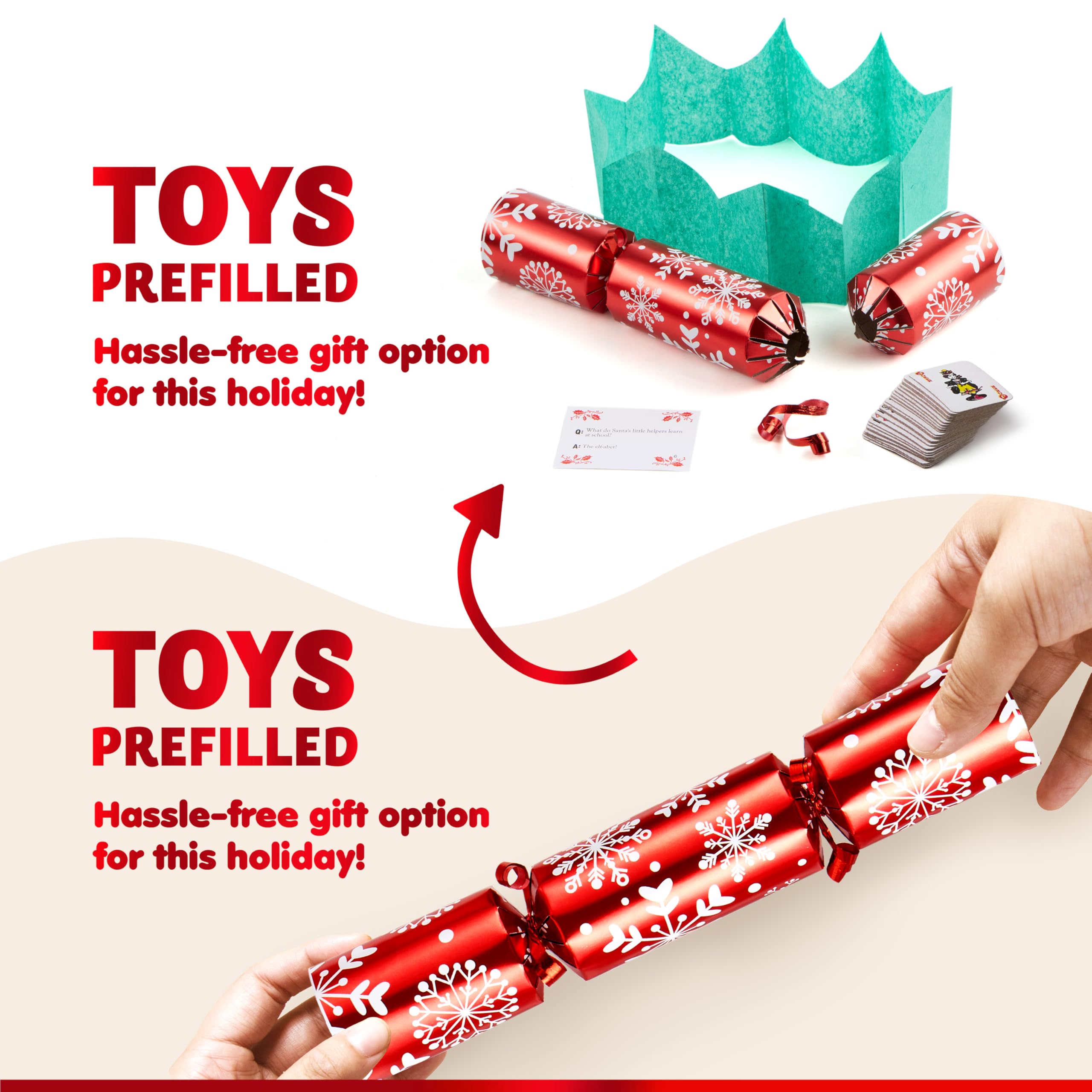 JOYIN 10 Pack Christmas No Snap Party Table Favor with Red & White Snowflake Design, with Party Hat, Joke & Little Gift Inside, for Xmas Gift, Christmas Seasonal Holiday Dinner Traditions