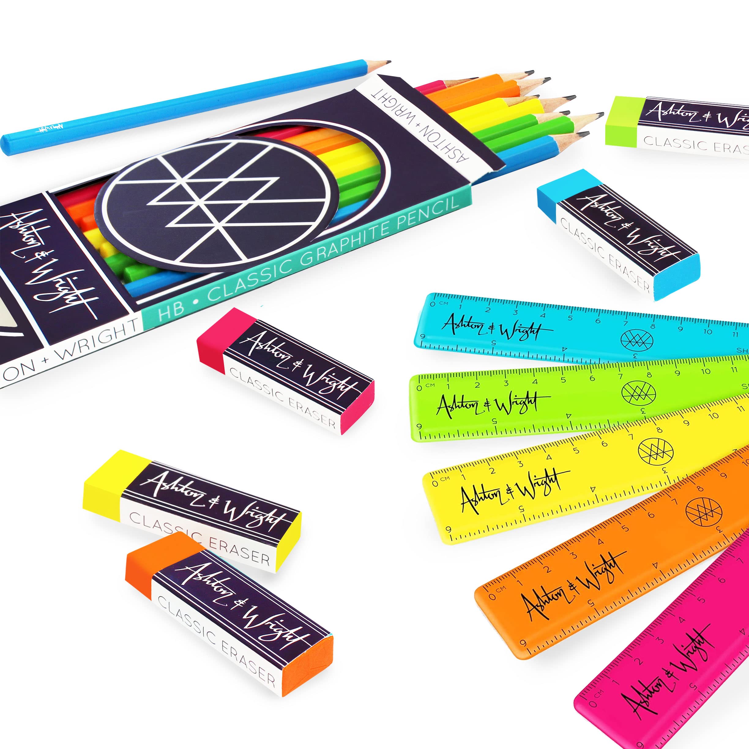Ashton and Wright - Classic HB Pencils, 15cm Rulers, Erasers - Neon Stationery Set of 20