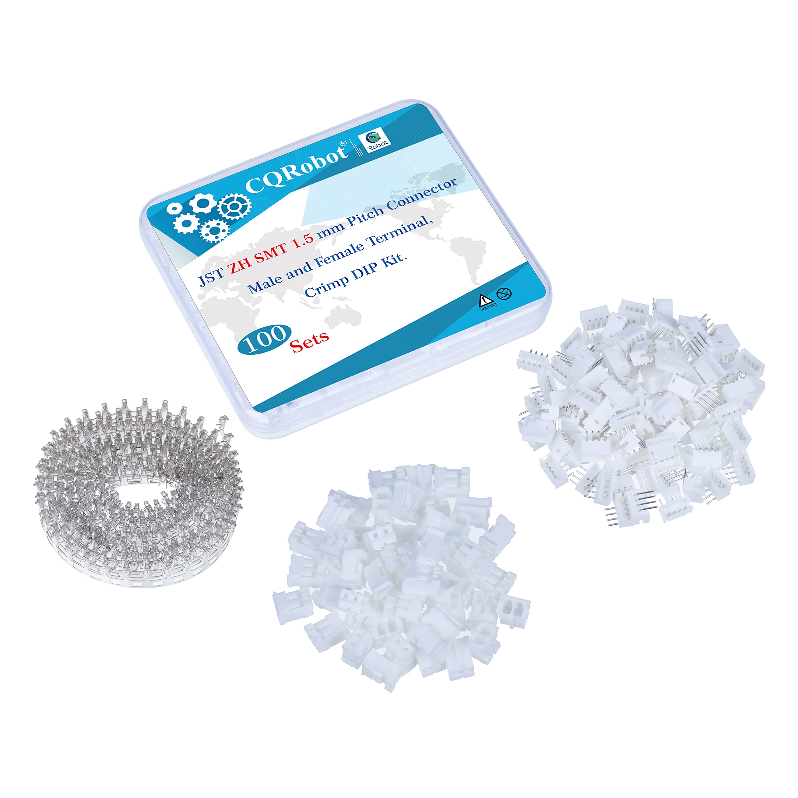 CQRobot JST ZH SMD 1.5 mm Pitch 4-Pin Electronic Computer Connector IC Male Plugs, Female Sockets Housing and T-Shaped Crimp Terminal Kit. 100 Sets/600 Pieces Wire-to-Board Adapter Cable Assembly.