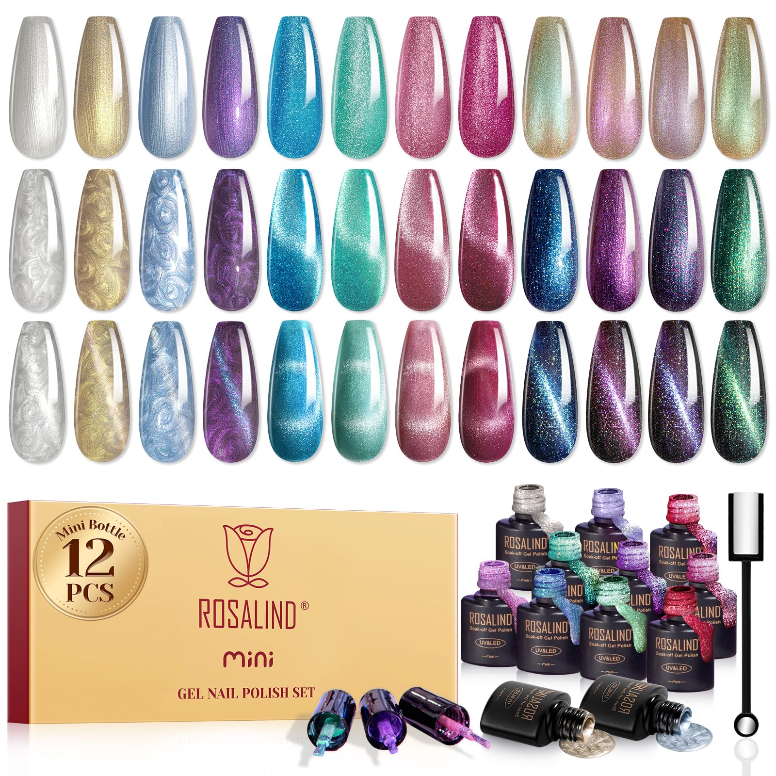 Photo 1 of ROSALIND Cat Eye Gel Nail Polish Set with Magnet, 12 PCS Holographic Glitter Purple Blue Red Gel Polish Magnetic and Swirl Shell Thread Effect Sparkle Gel Polish Gifts for Women