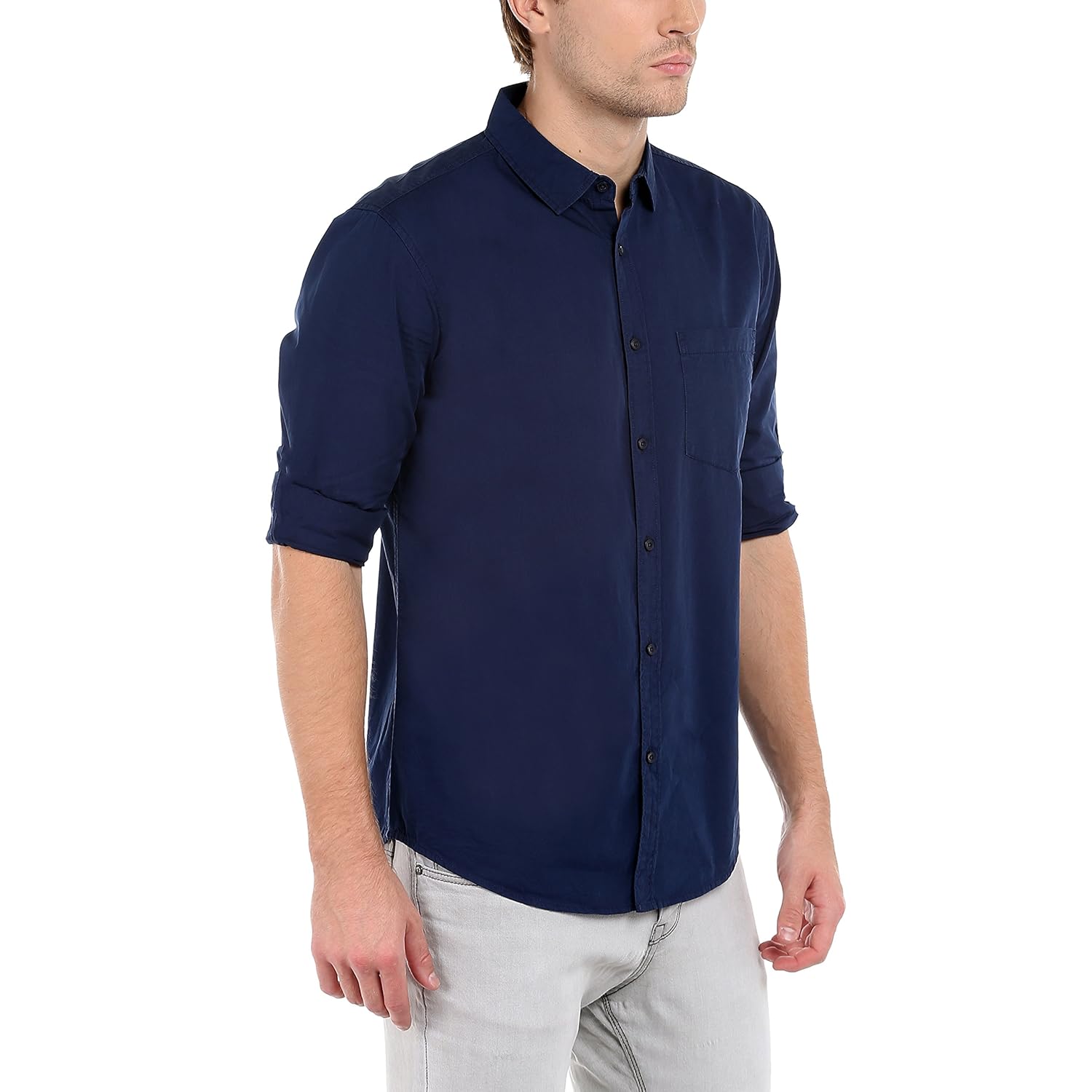 dennis lingo men's cotton navyblue solid casual shirt
