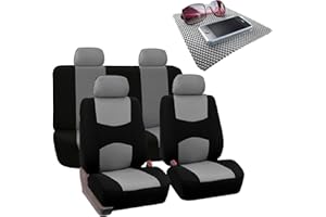 FH Group Bright Flat Cloth Full Set Automotive Seat Covers Front Set and Rear Solid Bench Gray Black Seat Covers w. Gift Universal Fit Interior Accessories for Cars Trucks and SUVs