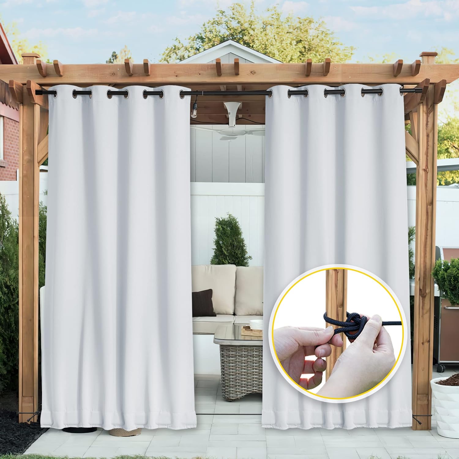 Outdoor Curtains - NICETOWN 2 Panels Outdoor Curtains Waterproof for Patio, Thermal Insulated Top & Bottom Grommet & Back Tab Light Blocking Outdoor Drapes, Windproof with Bouns Rope, W52 x L95, Greyish White