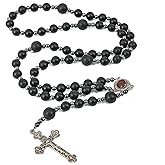 Nazareth Store Black Agate Beads Rosary Necklace Matte Natural Beaded Catholic Men Rosary with Hematite Stones Holy Soil Medal and Cross