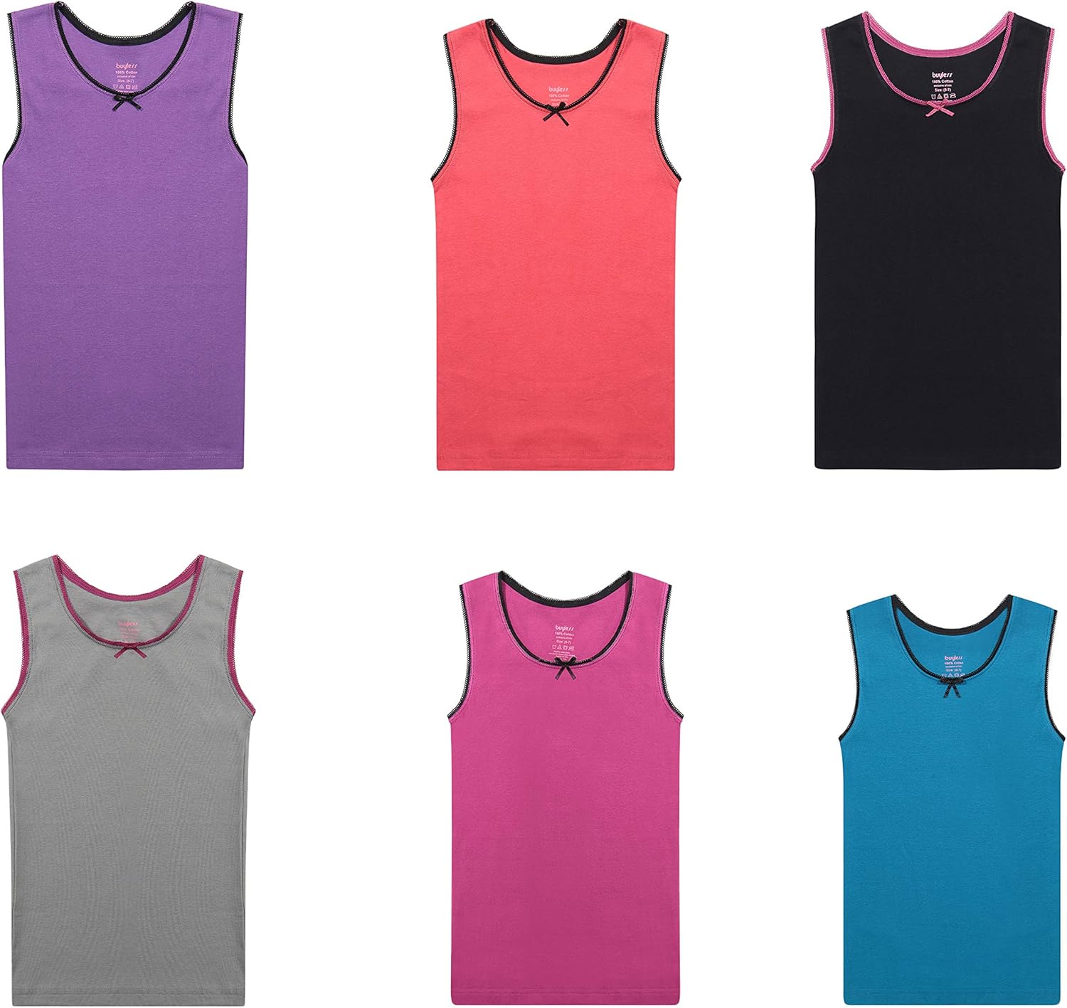 Buyless Fashion Girls Tagless Cami Scoop Neck Undershirts Cotton Tank with Trim and Strap (6 Pack): Clothing