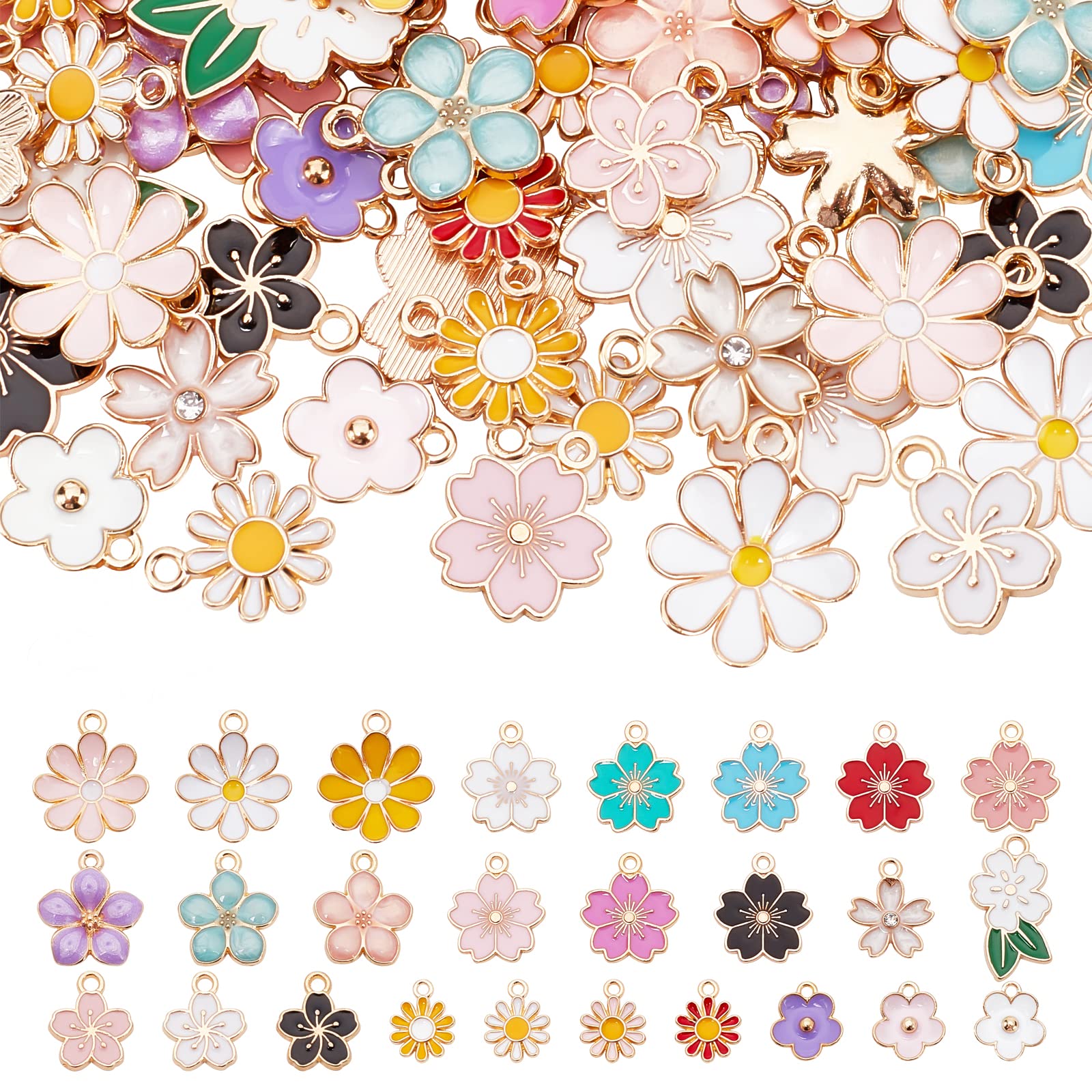PH PandaHall 104pcs 26 Styles Enamel Flower Charms Colourful Floral Pendants Daisy Cherry Flower Dangle Charms for Spring Summer Daisy Necklace Cherry Earrings Jewellery Making