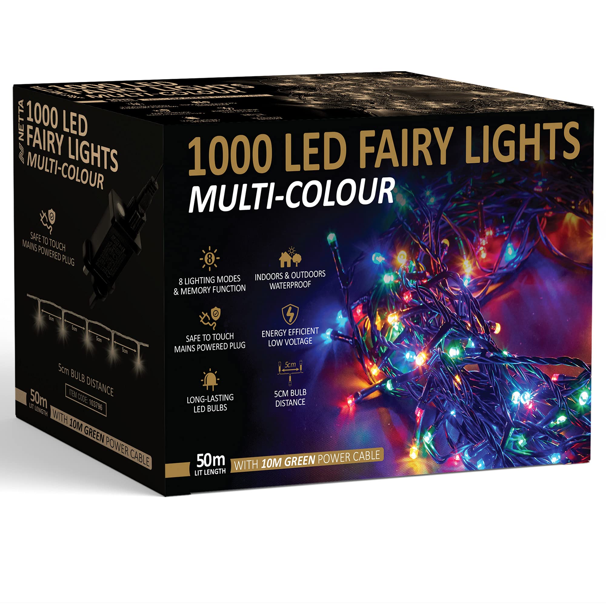 NETTA Christmas Tree Lights Fairy Lights Multi-Colour 1000 LED 50m with 8 Different Modes; for Outdoor & Indoor Use, Xmas Party Decorations - 1000 LED/ 50M Lit-Length