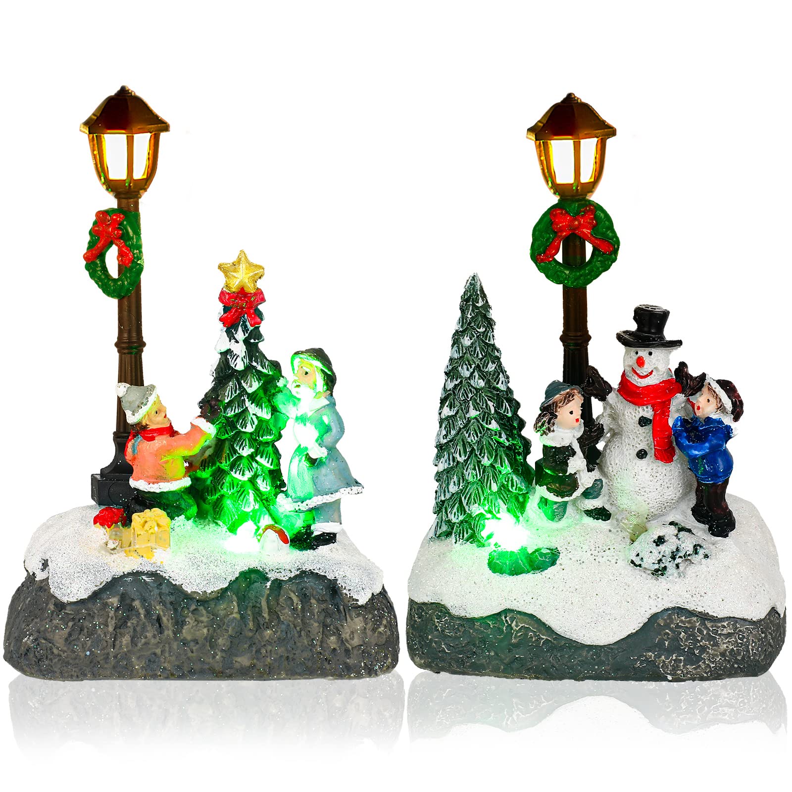 Photo 1 of Karenhi Christmas Village Sets, 2 Pcs Snowman Tree Santa Christmas Village Scene with Figurines LED Light Xmas Accessories Tabletop Decorative Xmas Ornaments for Table Decor(Rustic Style)