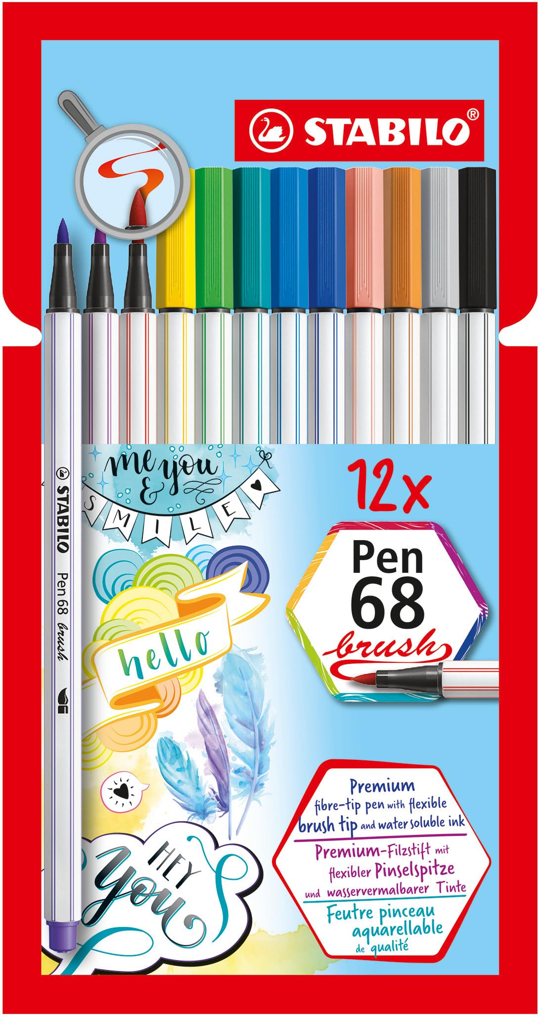 STABILO Pen 68 brush - Premium Fibre-Tip Pen with Brush Tip - Pack of 12 - Assorted Colours