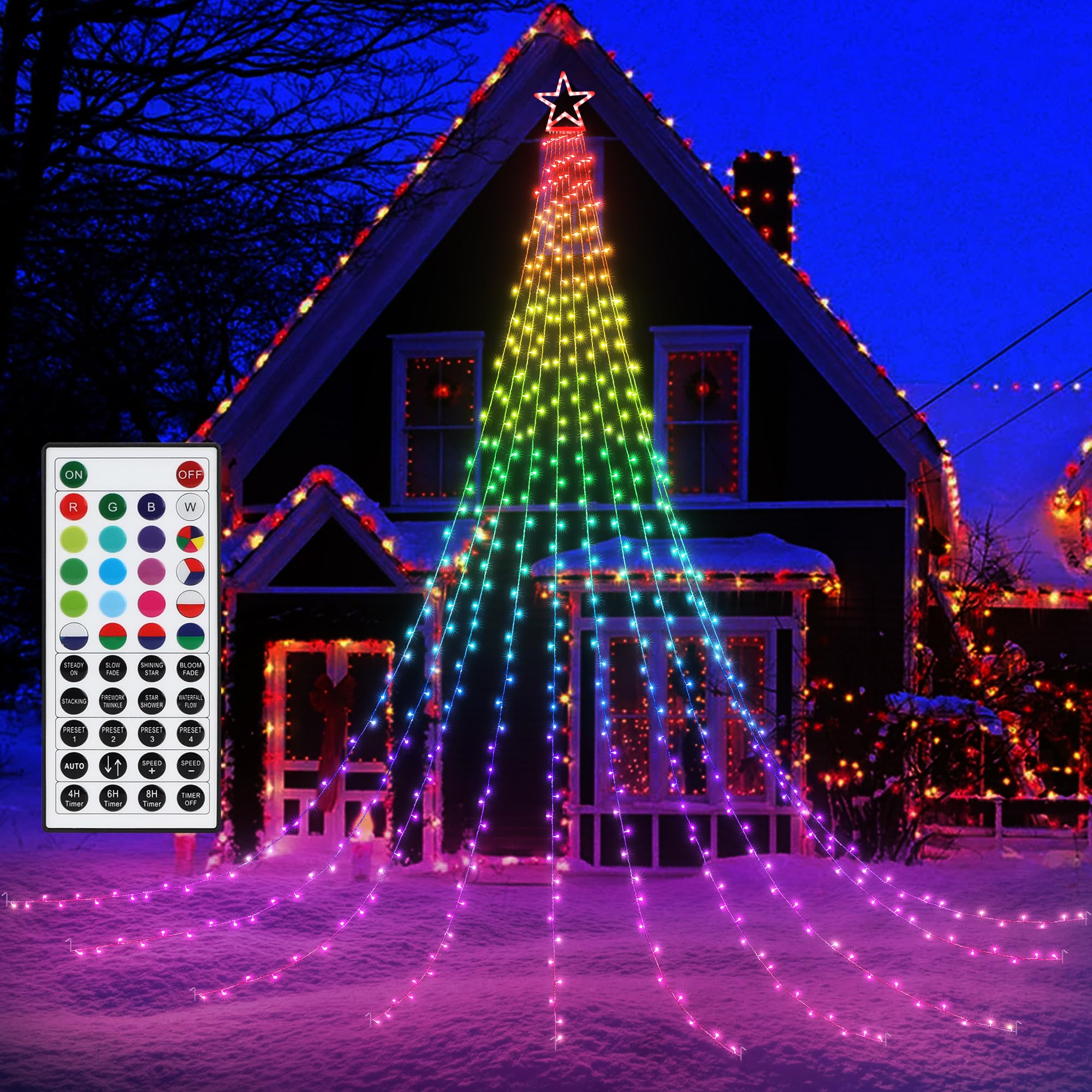 Photo 1 of Flacchi Christmas Lights Outdoor with ?Remote -16.7Ft 504 LED Waterfall Tree Decoration Lights RGB Star String Lights for Tree Yard Exterior Wall Housetop Window Holiday Decor