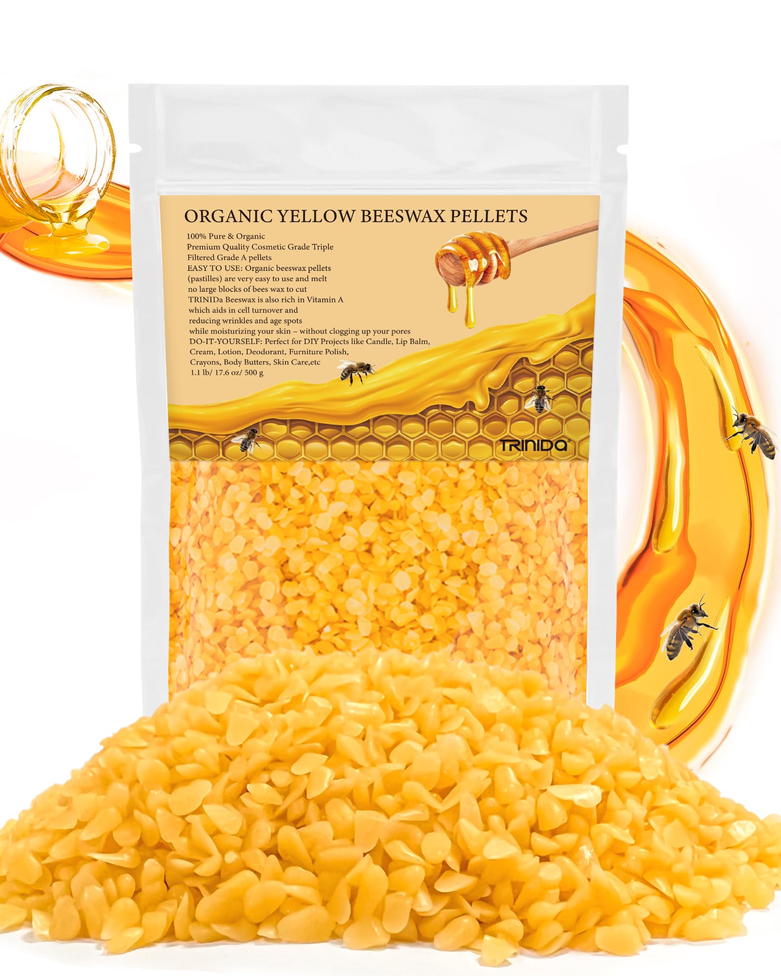 TRINIDa Beeswax Pellets 500g, Yellow Bees Wax for DIY Candles, Beeswax for Candle Making, Skin, Body, Face, and Hair Care, Lotions, DIY Creams, Lip Balm and Soap Making Supplies
