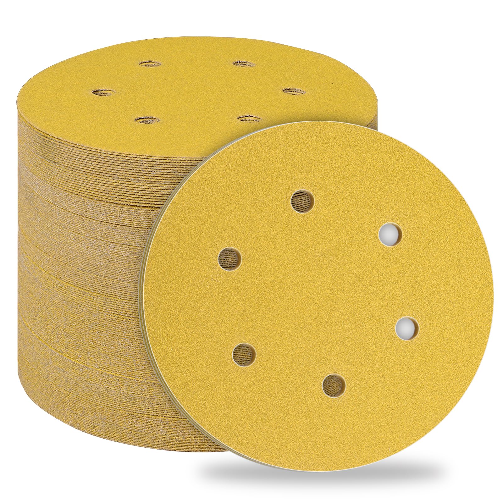 STEBRUAM 50pcs 150mm sanding discs,Sanding Discs Pads for Random Orbital Sander pads and All Oscillating Tools,Yellow sanding discs Hook and Loop 150 Grit 6 Hole 6 Inch Round — image 1