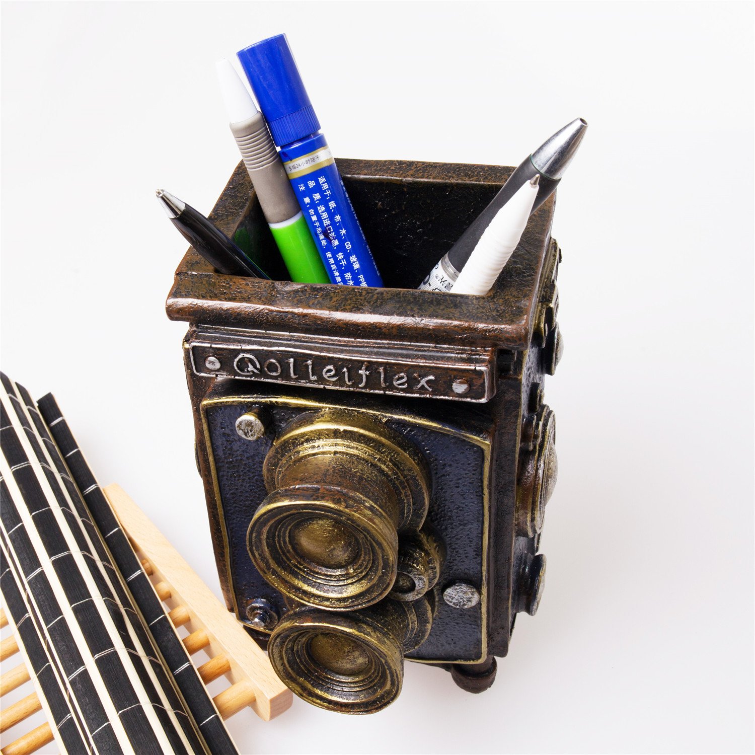 SINDBIN Premium Resin Pencil Holder,Retro Design Pen Holder for Desk, Office, and Home (Camera-B 