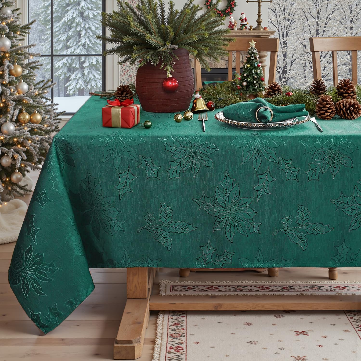 Jacquard Christmas Tablecloth Rectangle 152 x 259 CM, Waterproof Stain Resistant Luxurious Holly Leaves Damask Table Cloth, Polyester Table Cover for Dining, Parties, Indoor, Outdoor, Holiday, Green