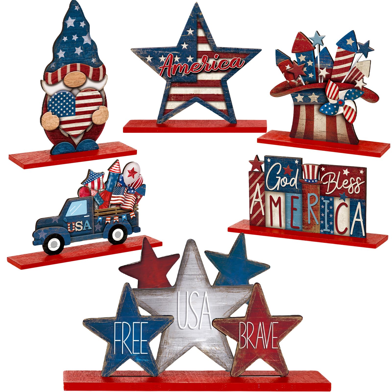 Photo 1 of DoubleFill 6 Pcs 4th of July Table Decorations Memorial Day Centerpiece Wooden Patriotic Table Sign American Gnome Star Wooden Sign Retro Farmhouse Wood Block for Independence Day Home Party Supplies