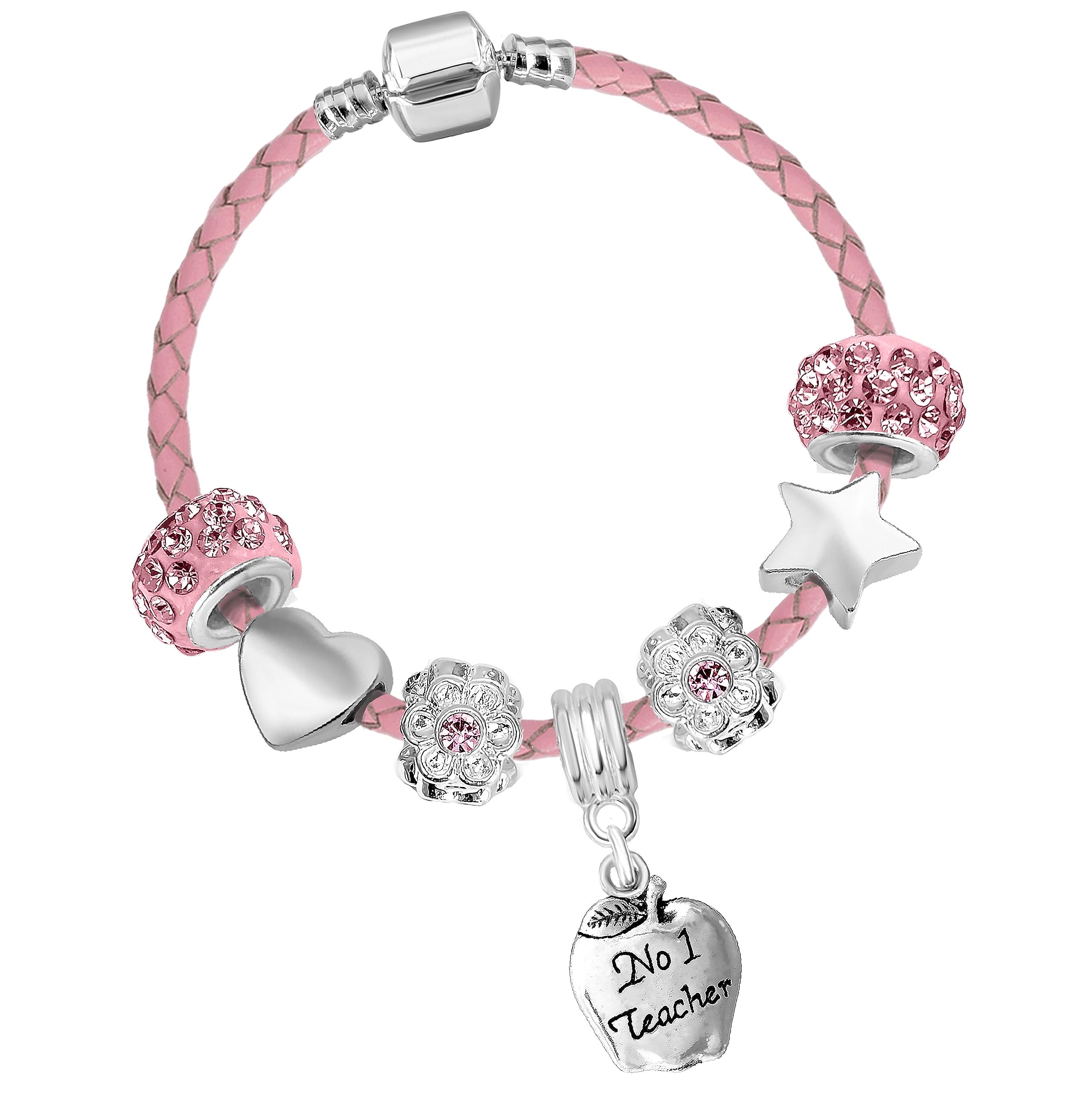 Charm Buddy Number 1 Teacher Sparkly Pink Leather Charm Bracelet with Gift Box Teacher Gifts Presents Gifts for Teachers Women
