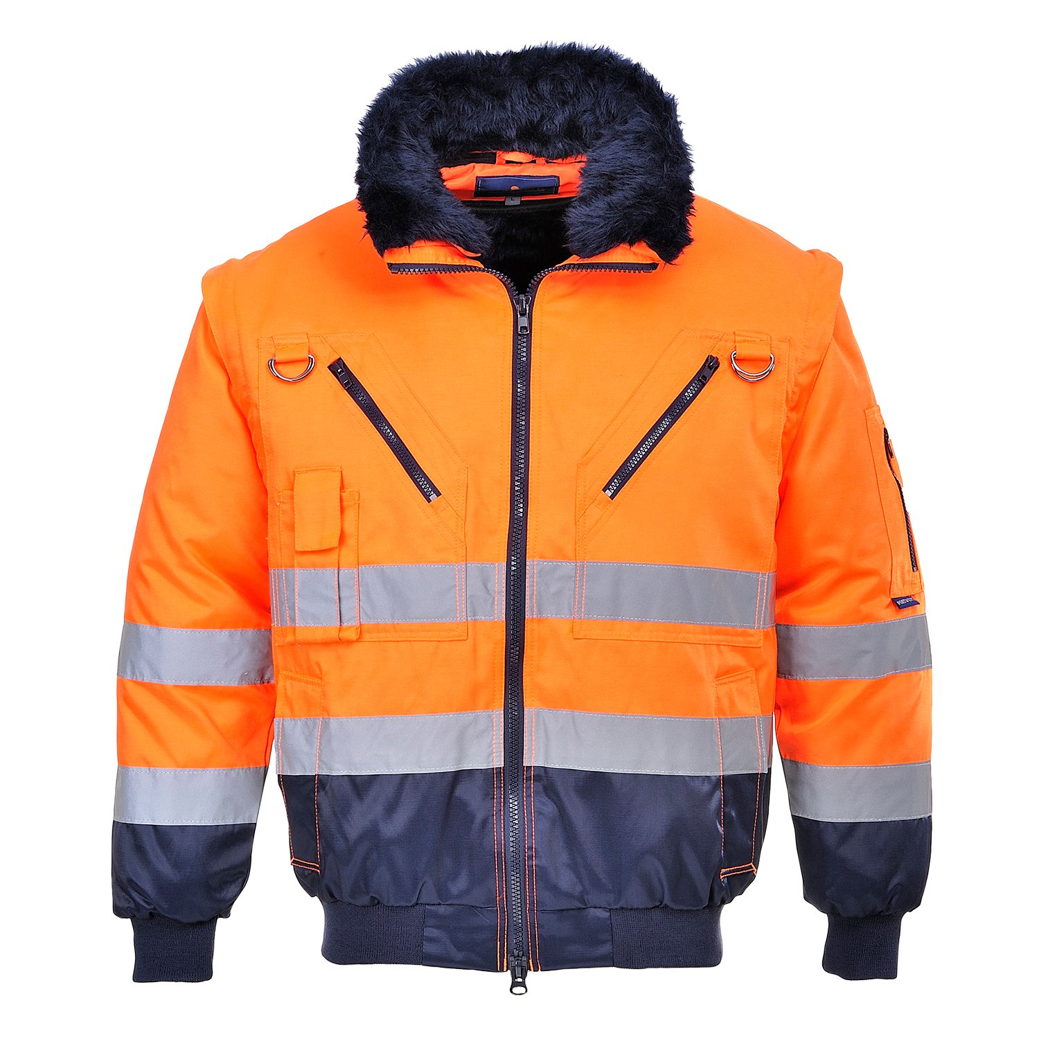 Portwest PJ50 Hi-Vis 3-in-1 Pilot Jacket Waterproof Reflective Workwear Coat Detachable Sleeves Fur Liner Multi-Pocket Fleece Lining EN ISO 20471 Certified