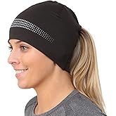 TrailHeads Ponytail Hat - Adrenaline Series | Women’s Running Beanie with Reflective Accents | Black Skull Cap