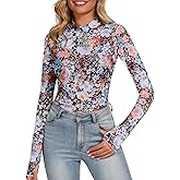 Womens Floral Mesh Long Sleeve Tops Mock Neck Sheer Lace Undershirt with Thumb Hole 2025 Trendy Shirts