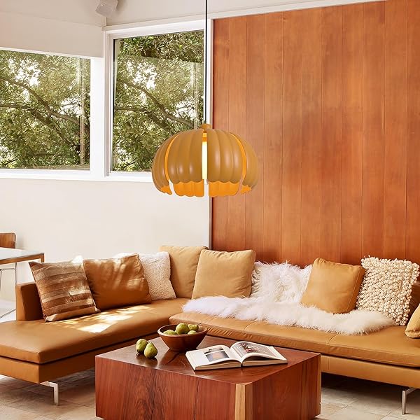 MID CENTURY MODERN PENDANT LIGHT FIXTURE, 14.5 INCH PUMPKIN ORANGE CEILING LIGHT WITH WHEAT STRAW MATERIAL SHAPE, SEMI FLUSH MOUNT CEILING LAMP FOR KITCHEN ISLAND, DINING TABLE, HALLWAY LIGHTING