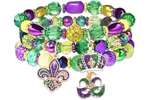 NLCAC Mardi Gras Bracelets for Women Glitter Mask Crown Fleur De Lis Charm Bracelets Purple Green Gold Beaded Stretch Bracelets Carnival Holiday Accessory Party Gifts