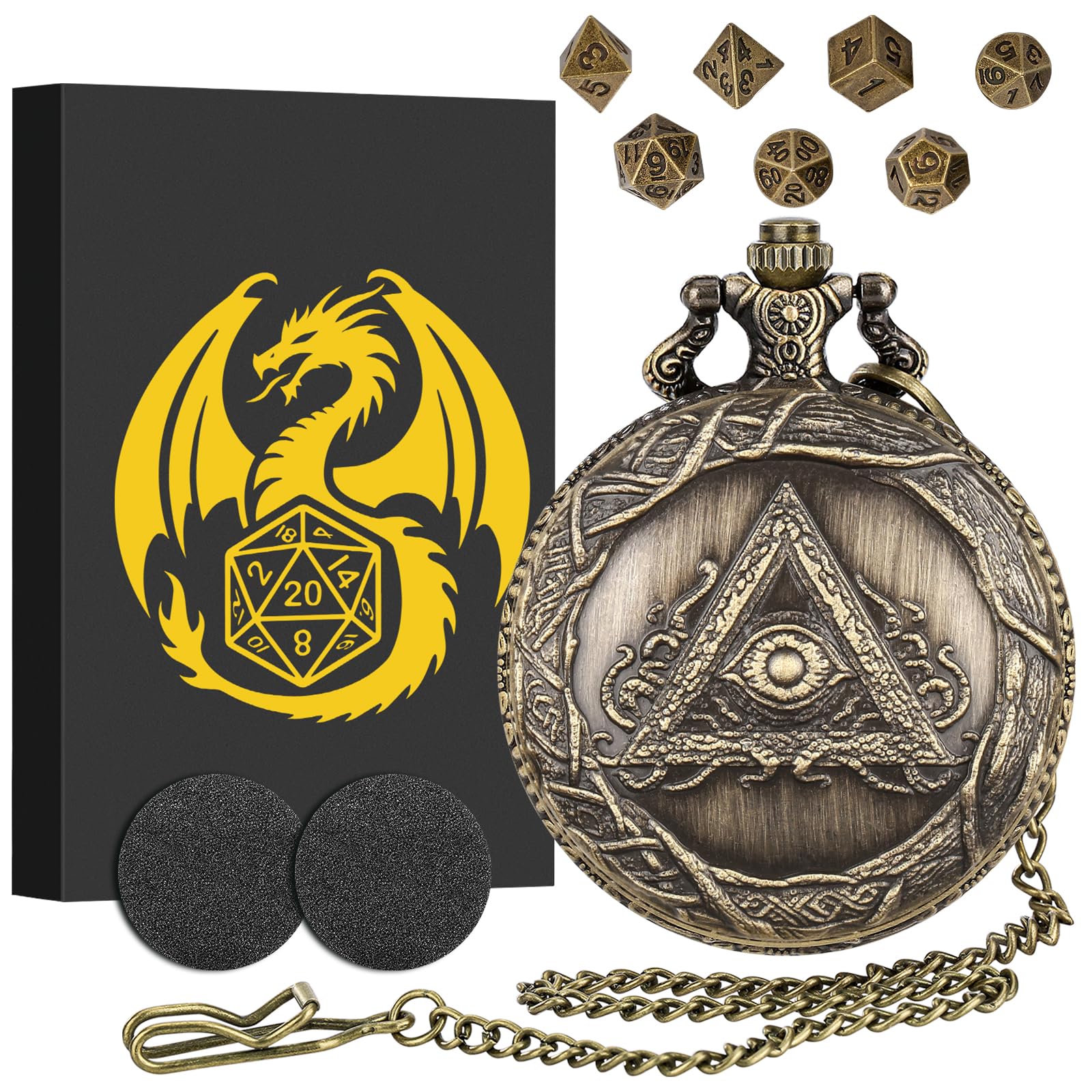 Mini DND Dice Set with Steampunk Monocular Triangle Pocket Watch Shell Case, 7pcs Polyhedral Metal Dice Set, DND Starter Set, D&D Gifts with Gift Box, Role Playing Board Game Accessories, Bronze