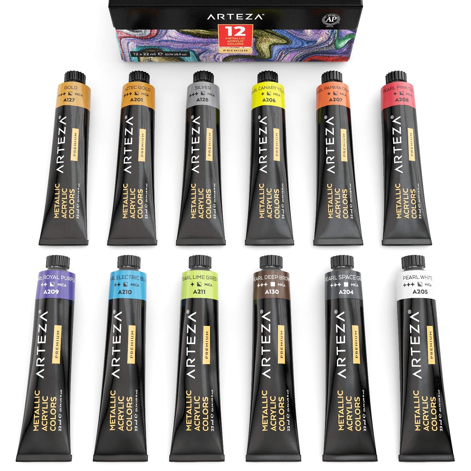 ARTEZA Metallic Acrylic Paint, Set of 12 Colors/Tubes (22 ml, 0.74 oz